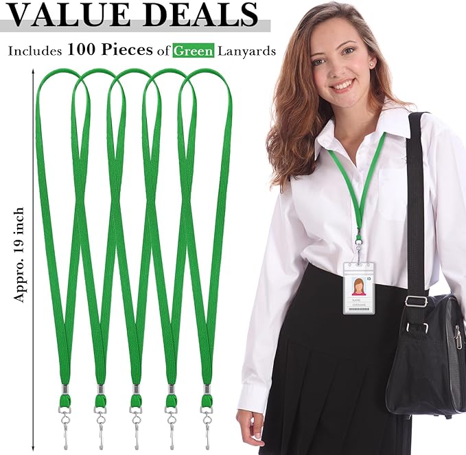 Epakh 100 Pcs Lanyards Bulk for ID Badges Green Flat Badge Neck Lanyards with Swivel J Hook Clip for Student Teacher