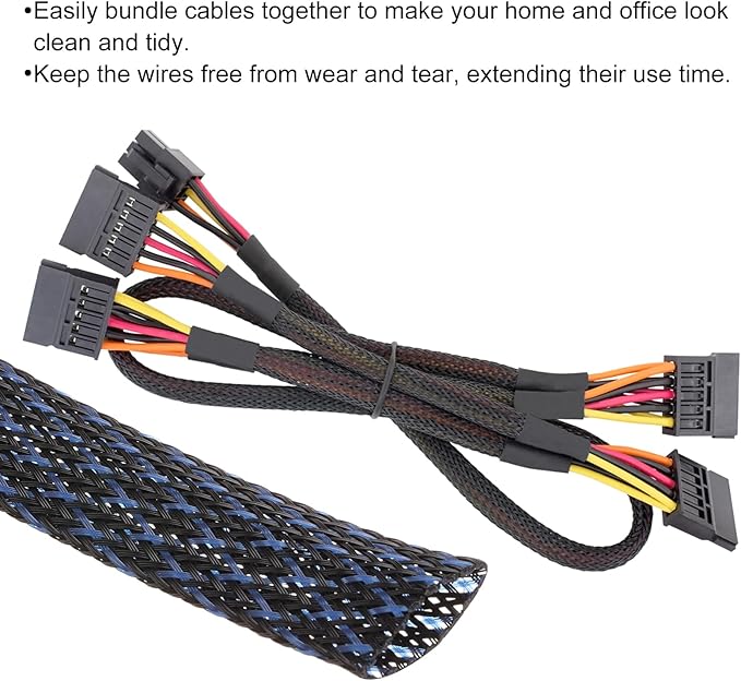 100ft PET Expandable Wire Loom 3/4 Inch, PET Braided Wire Sleeving Cable Management Sleeve Tubing [for Audio Video Home Office Cord Protector]-Black, Blue