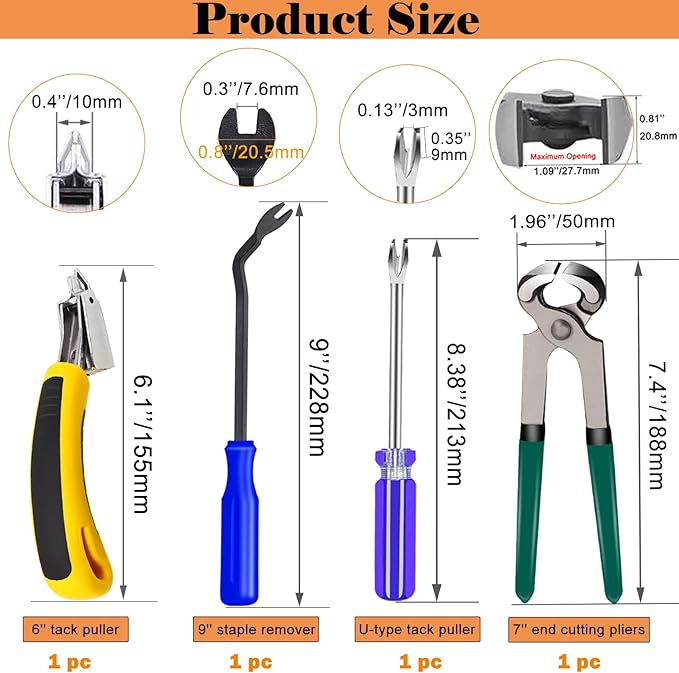 Sunxeke 4Pcs Upholstery Staple Remover Tool Set Including 7inch End Cutting Plier,V Tip Tack Puller,U Tip Tack Puller,Staple Remover,Nail Puller Carpet Remover for Furniture Floor Photo Frame