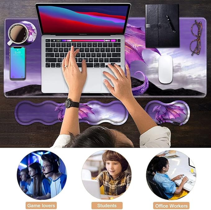 Ergonomic Keyboard Wrist Rest & Mouse Pad Wrist Rest Set, Large XXL Gaming Desk Mat 31.5"x 11.8" with Memory Foam, Easy Typing Pain Relief for Office & Home, Purple Dragon