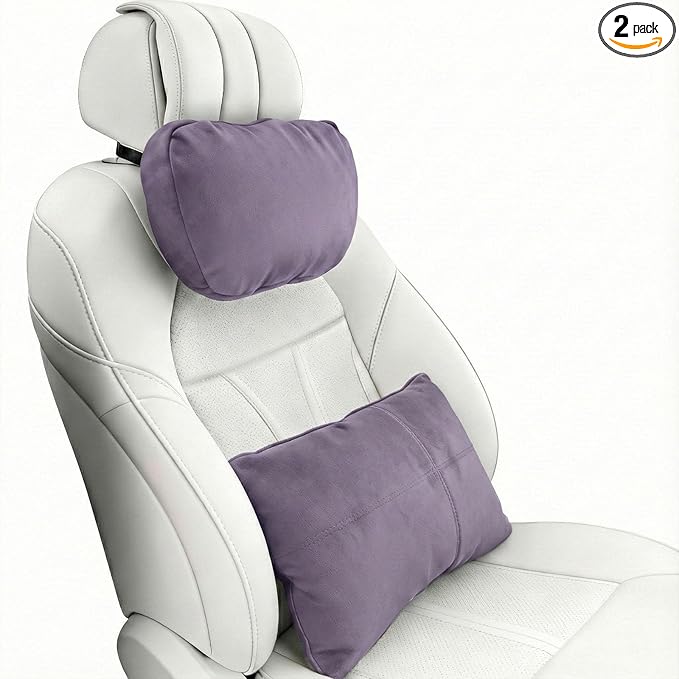 2PCS Car Pillow for Car Neck Pillow for Driving Seat Lumbar Support Soft Cushion with Extra Filling Accessories Back Support for Travel Nap and Trips Sleeping (Violet, Head and Lumbar)