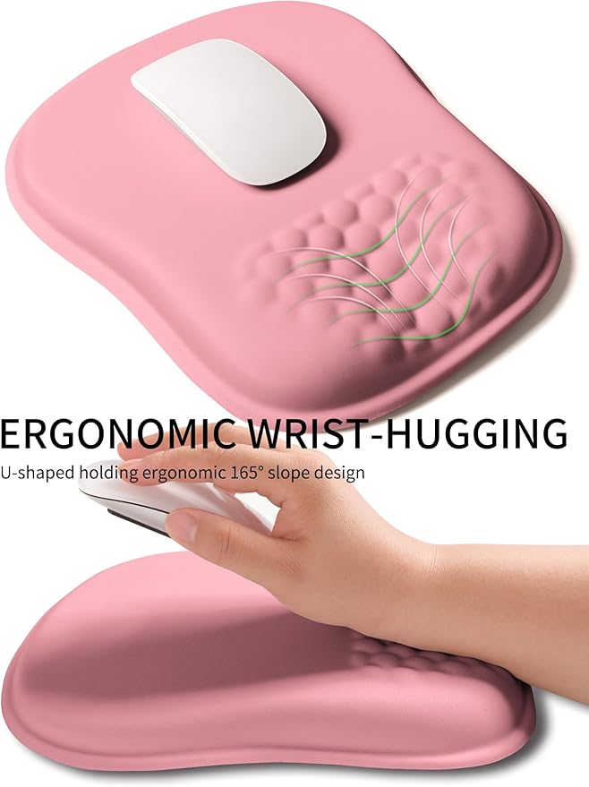 Hokafenle Ergonomic Wrist-Hugging Mouse Pad Wrist Support, U-Shaped Holding Wrist Rest Mousepad for Carpal Tunnel Pain Relief with Cushioned Memory Foam Slope Massage Bulge (Classic 10.2x8.3 in,Pink)