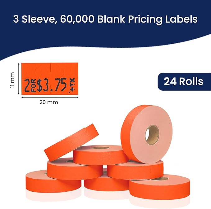 Perco Fluorescent Red Pricing Labels for Monarch 1131 Price Gun – 3 Sleeves, 24 Rolls Value Pack - 60,000 Price Marking Labels – with Ink Rolls Included