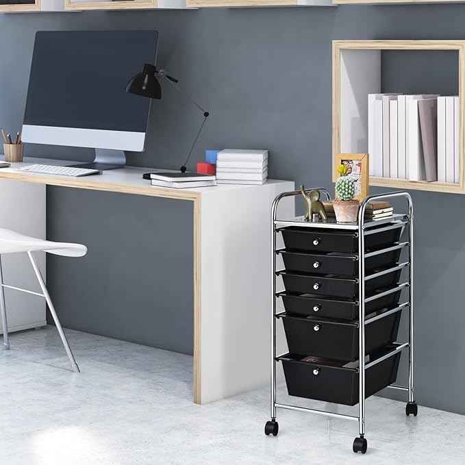 Giantex Rolling Storage Cart with 6 Drawers, Multipurpose Mobile Organizer Cart for Tools Scrapbook Paper Home Office School (Black)