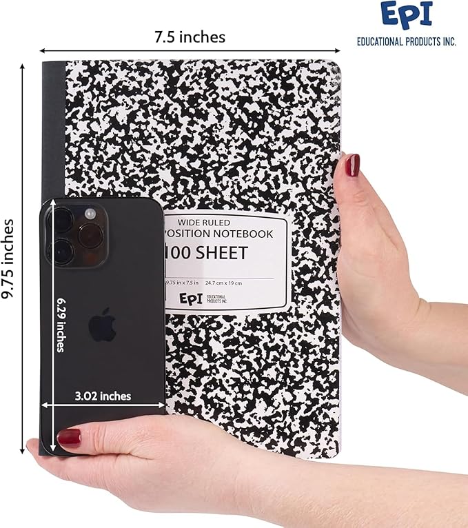 EPI 2016 Pack (Pallet) Wide Ruled Composition Notebook Bulk, 200 pages (100 Sheets), 9-3/4 x 7-1/2, Black Marble, Bulk School Supplies, Heavy Duty, Durable Office Notebooks, Sturdy Sewn Binding
