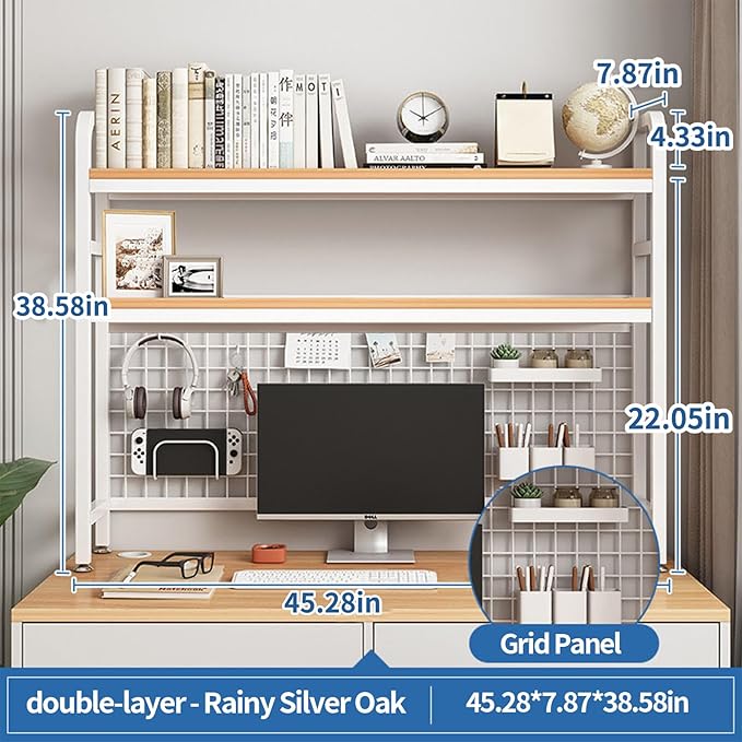 Desk Shelf Bookcase 2-Tier Metal Desktop Bookshelf Hutch with Grid Panel and DIY design possible Multipurpose Storage Organizer Display Rack for Dorm Office Home Computer Desk(White 45.3"×7.9"×38.6")