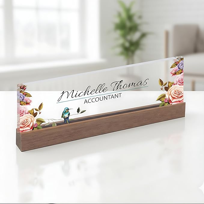 ARTBLOX | Office Personalized Name Plate Flower with Bird Design On Clear Acrylic Glass for Desk with Business Card Holder