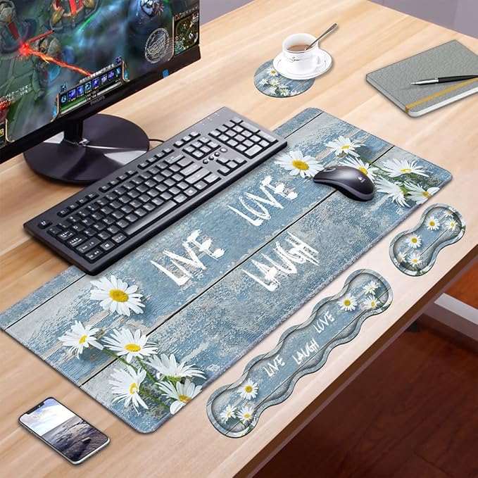 Ergonomic Keyboard Wrist Rest and Mouse Pad Wrist Rest Set,Dreamy Daisy Vintage Wood Board Live Laugh Love Large XXL Gaming Desk Mat 31.5"x 11.8",Non-Slip Base, Memory Foam,Easy Typing Pain Relief