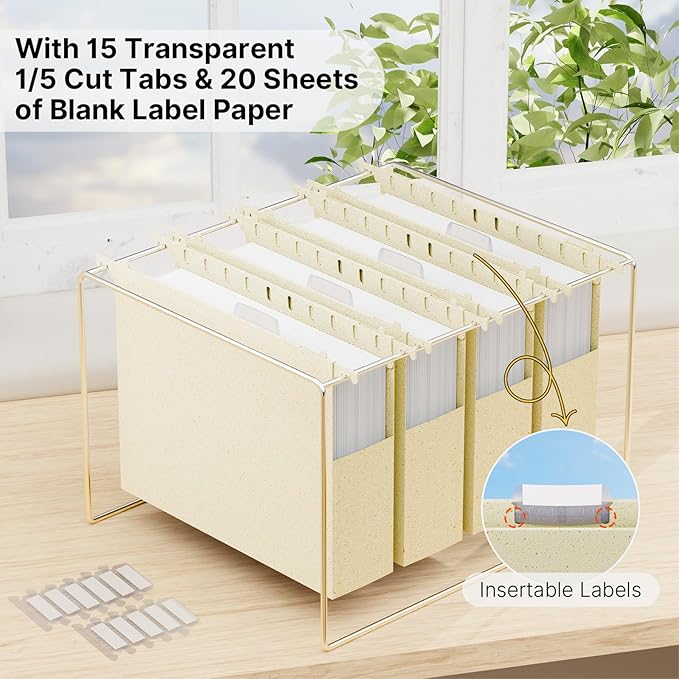 Wheat Straw Plastic Hanging File Folders,2 Inch Expansion Letter Size Filing Cabinet Folders,Heavy Duty Expandable File Folder,12 Pack Extra Capacity Hanging Folders with Tab (Morandi Beige)