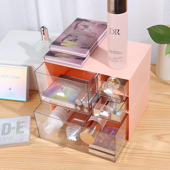 Desk Craft Organizer and Storage with 4 Mixed Drawers, Stackable Plastic Desktop Accessories & Workspace Organizer for Office Stationary, Makeup Skincare, Sanitation Supplies, Pink