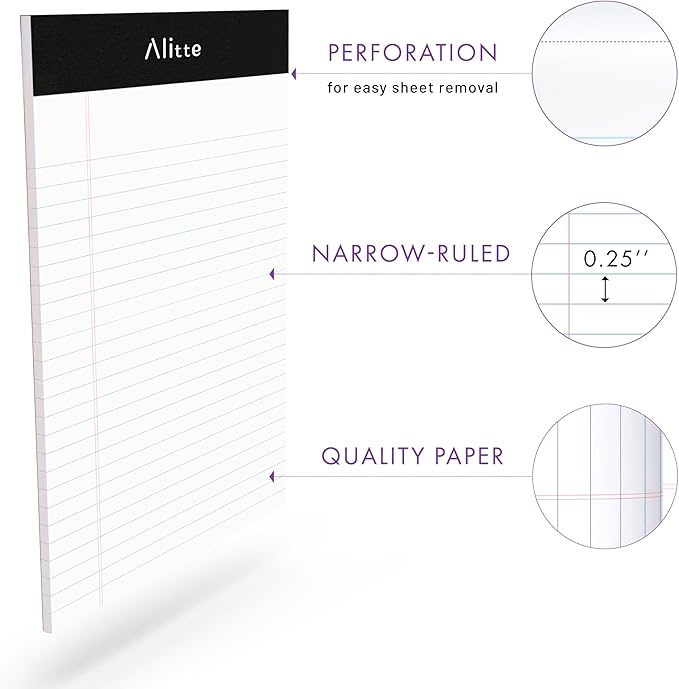 Alitte 5x8 Small Notebooks – 12 Pack Narrow Ruled, White Perforated Note Pads with 50 Sheets Per Notepad, (No Ink Bleeding) Ideal Legal Pads for Writing, Note Taking, Home, Office, School