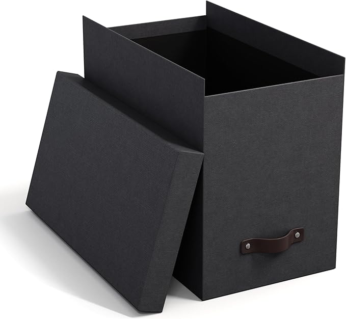 Bigso John Desktop File Box - Storage Solution and Document Organizer for Important Paperwork - Durable Hanging File Box with Lid and Leather Handle - 7.36 in x 13.26 in x 10.51 in - Black