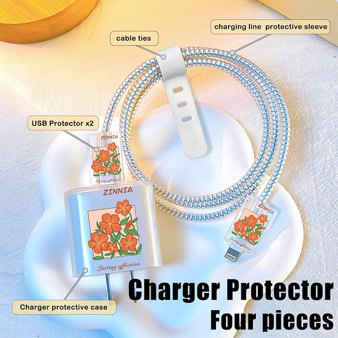 Lovely DIY Cable Protector for iPhone Adapter Charger,Cute Orange Daisy Flowers Design Transparent Data Line Cable Case, Phone Charging Protector for Apple Charger Cover