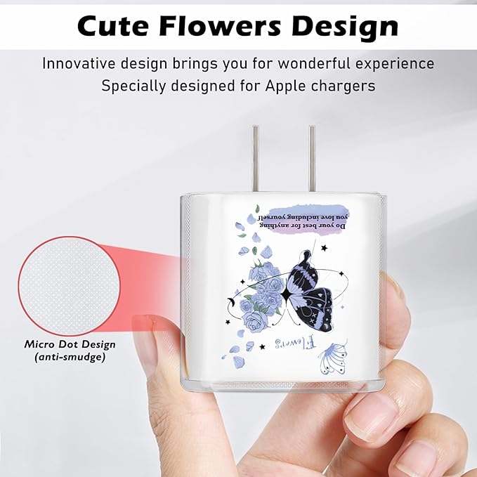 Lovely Cable Protector for iPhone 18W/20W Charger, Blue Black Butterfly Flowers Design Transparent Data Line Cable Saver Phone Charging Protector for Apple Charger Case