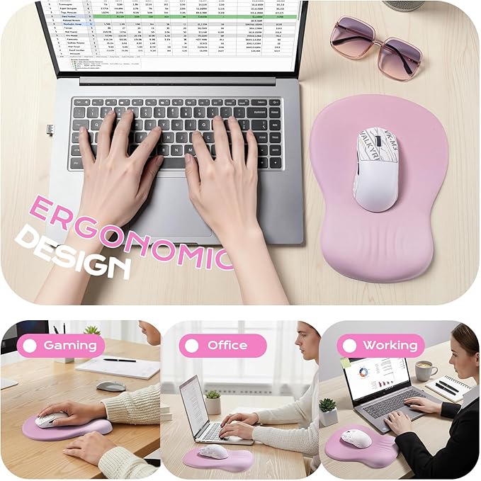Ergonomic Mousepad with Wrist Rest Pink, Wrist Rest for Mouse Pad, Memory Foam with Massage Design, Non-Slip PU Base for Office and Home