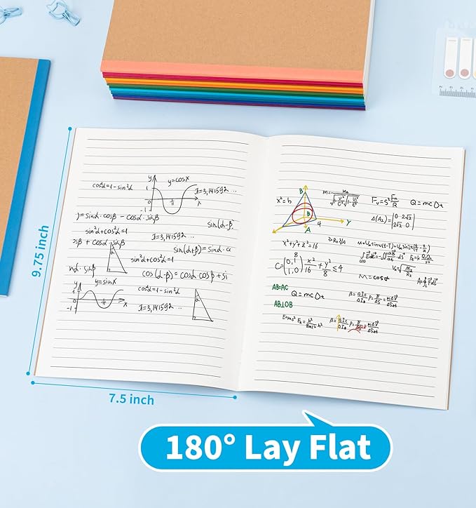 24 Pack Lined Notebook Journals Bulk, 7-1/2" x 9-3/4", Wide Ruled Paper, 30 Sheets/60 Pages, Kraft Cover with Rainbow Spines, 12 Colors Lined Composition Notebook Journal for Work Study Note Taking