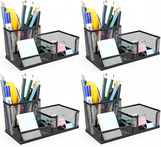 4 Pack 3-in-1 Mesh Pen Holder Desk Organizer, 3 Compartments Pencil Holder Caddy with Sticky Notes Holder for Home, Office & School