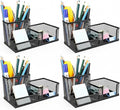 4 Pack 3-in-1 Mesh Pen Holder Desk Organizer, 3 Compartments Pencil Holder Caddy with Sticky Notes Holder for Home, Office & School