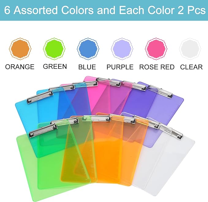 Dovesail 12 Pack Plastic Clipboards A4 Letter Size, 12.5" x 9" Multi Color Clipboards Bulk, Hangable Clip Boards with Low Profile Metal Clip,Office Supplies Classroom