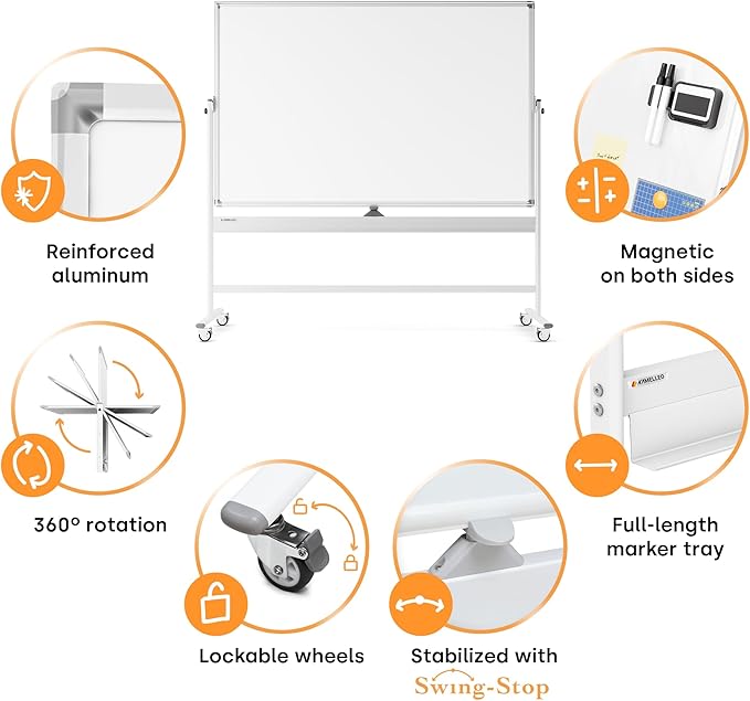 Rolling Dry Erase Board 96 x 46 - Large Portable Magnetic Whiteboard with Stand - Double Sided Easel Style Whiteboard with Wheels - Mobile Standing White Board for Office, Classroom & Home