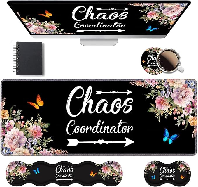 Ergonomic Keyboard Wrist Rest & Mouse Pad Wrist Rest Set, 31.5"x 11.8" Large XXL Gaming Desk Pad Memory Foam Non-Slip Desk Mat for Office & Home, Vintage Watercolor Floral Quote Chaos Coordinator