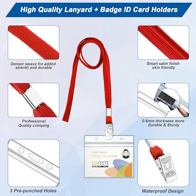 100Pcs Lanyards for ID Badges and 100 Pcs Clear Plastic Horizontal Name Badge ID Card Holders, Flat Neck Lanyards with Clip Waterproof Resealable Name Tag Badge ID Card Holders (Red)