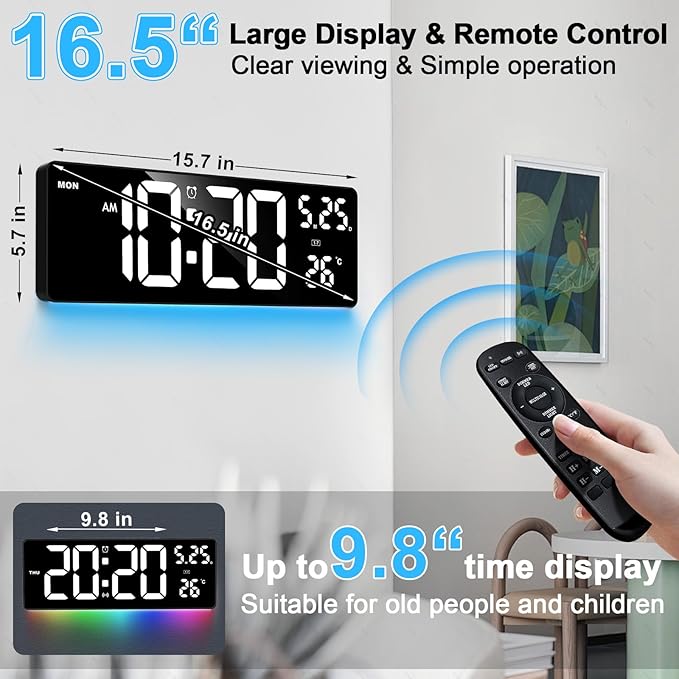 16.5" Digital Clock Large Display with Remote Control, 6-Color Night Light Digital Wall Clock with Dual Alarms, Temperature, Auto DST Large Clock for Living Room, Bedroom, Desk, Mounted, Gift