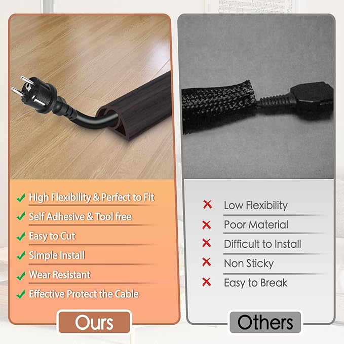 Floor Cord Cover for Wires on Floor Self Adhesive Cord Hider Floor Cable Management Wire Covers for Cords Protector Prevent Cable Trips Cord Cavity W 0.32" x H 0.32", Black Walnut, 3.3Ft