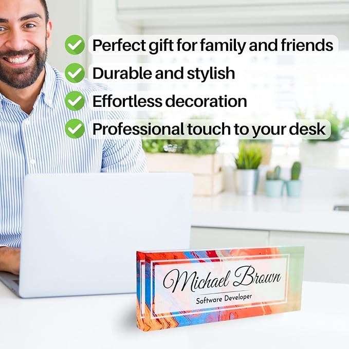 Customized Clear Acrylic Thick 8x3" Desk Name Plate Block with Personalized Logo - Professional Office Decor - Customized Acrylic Plate Gift for Teacher Co-workers, Christmas Gifts for Her, Thanksgiving Gifts (Colorful Paint)