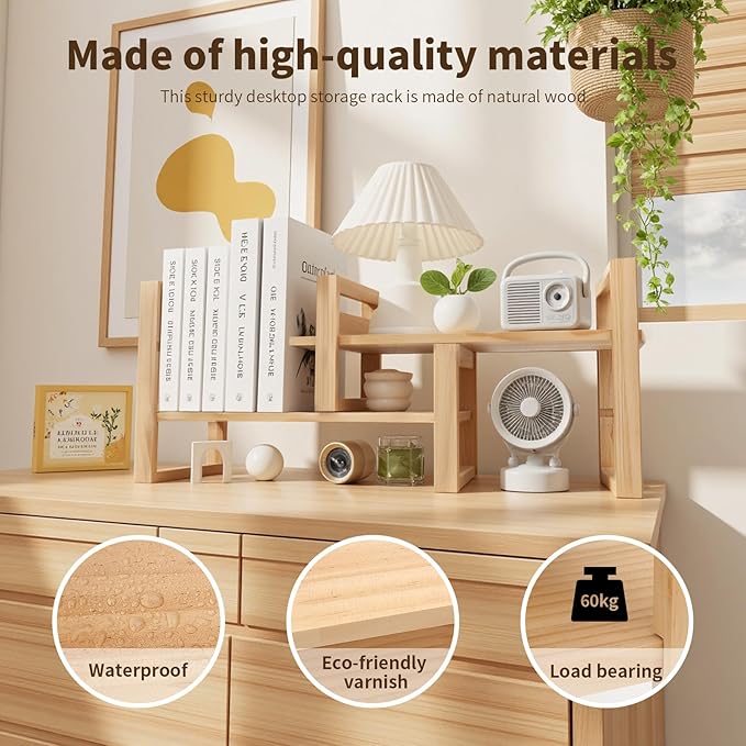 Desk Shelves Desktop Organizer Shelf - No Assembly Needed Holds 130lbs for Desk Organizers and Accessories Corner Bookshelf Table Top Shelving in Office, Books, Bathroom Storage-Pine Nature Wood Color