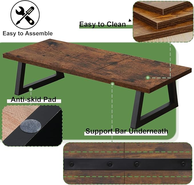 TEAMIX 24 inch Monitor Stand Riser, Rustic Brown Wood & Steel Computer Monitor Stand with Storage, Laptop, PC, Printer Stand Riser for Desktop Office Desk Organizers