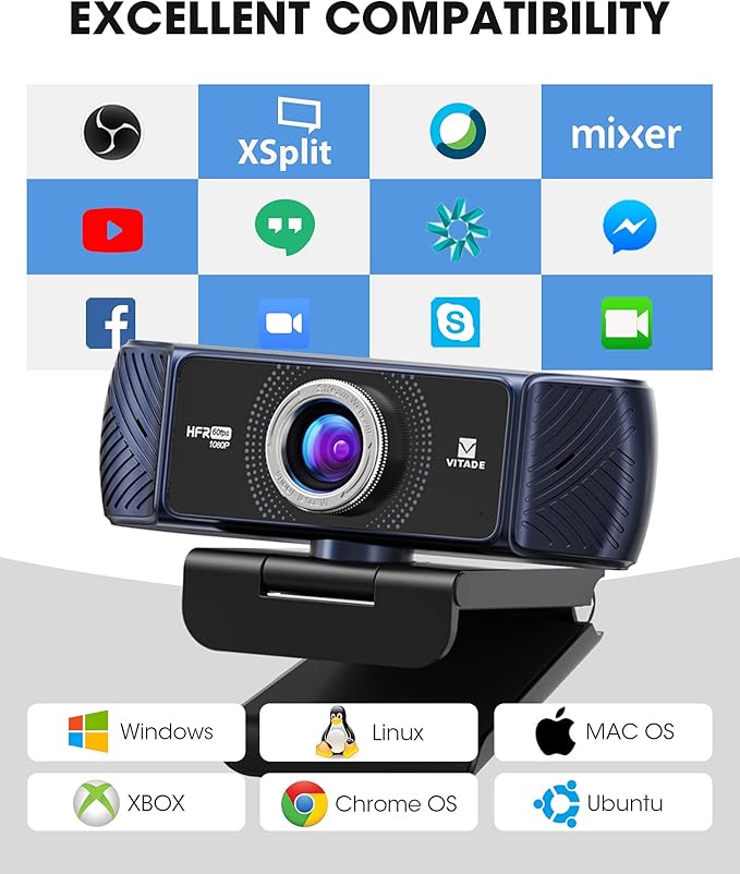 VITADE Webcam 1080P 60fps with Microphone for Streaming, 682H Pro HD USB Computer Web Camera Video Cam for Gaming Conferencing Mac Windows Desktop PC Laptop Xbox Skype OBS Twitch YouTube Xsplit