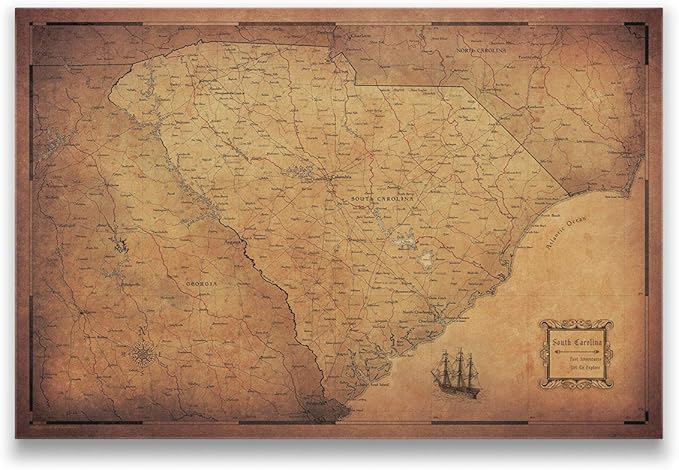 Conquest Maps Push Pin South Carolina Map Board - With Push Pins to Mark South Carolina Travels - Handmade in Ohio, USA - Design: Golden Aged