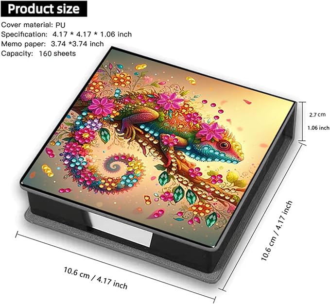 Chameleon Diamond Painting Note Box Memo Pad Holder, Diamond Art Sticky Notes Organizer for Desk, Aesthetic Stationery Storage Case for Office,School Supplies (Chameleon)