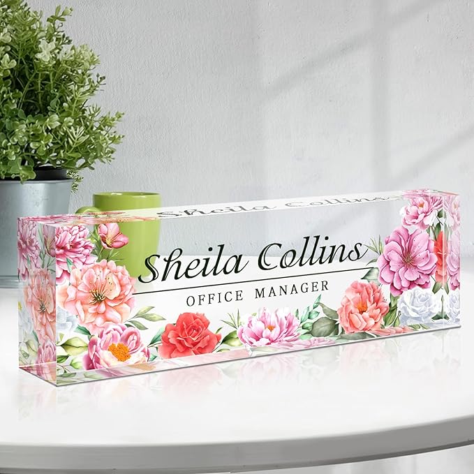 Custom Acrylic Name Plate for Desk, Employee Appreciation Gifts, Office Decor, Personalized, Funny Office Gifts for Coworkers Boss Teacher (Peony)