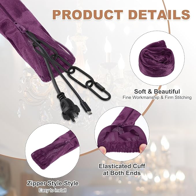 PATIKIL 2.6ft Chandelier Chain Cord Cover, 2 Pcs Velvet Cloth Fabric Chain Sleeve Decorative Cord Covers for Chandelier Wires Swing Cable, Zipper Style, Purple