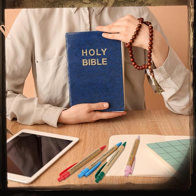 Cholemy 100 Pcs Christian Bible Verse Ink Pens Bamboo Christian Pens Bulk Wooden Inspirational Ballpoint Religious Gifts for Women Colleague Pastor Wife Church(Colorful)