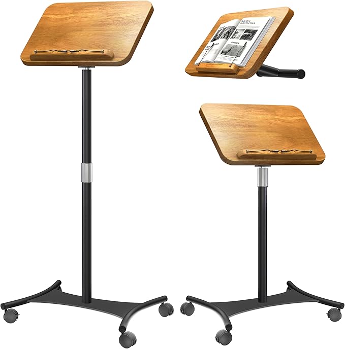 NAMON Rolling 2-in-1 Dual-use Music Stand & Desktop Book Stand, 100% Solid Wood, Height Adjustable from 16.5" to 51", with 4 Lockable Casters & Page Clips (with Large Panel: 16.5 * 11.8IN)