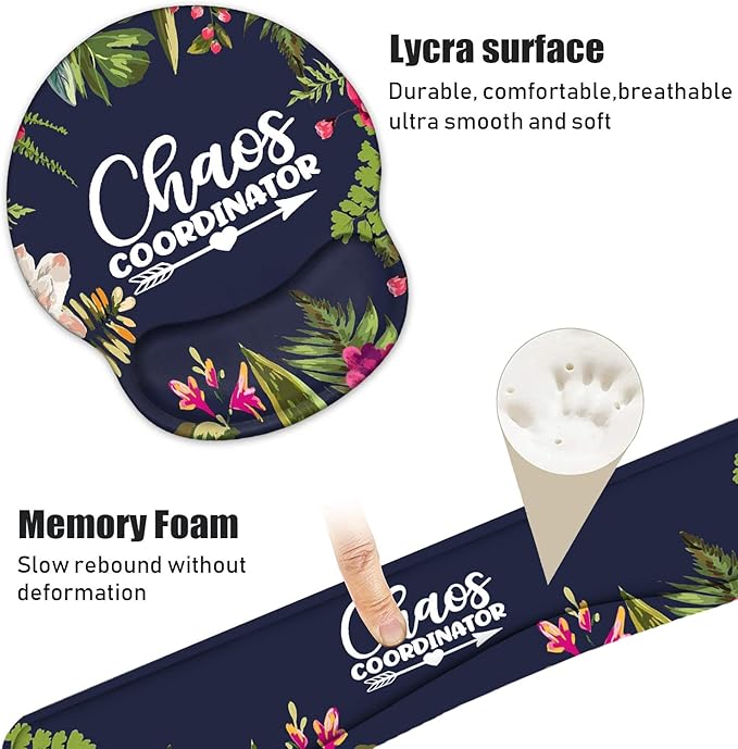 Keyboard Wrist Rest and Mouse Pad Wrist Support Set with Coasters, Chaos Coordinator Quotes Colored Floral Wreath Print Wrist Support Mouse Pad with Non-Slip PU Base for Computer Laptop Home Office