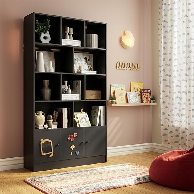 Anystyle Black 5-Tier Bookshelf, 13-Cube Storage Cabinet with 3 Doors, Freestanding Bookcase for Living Room & Home Office, 35.4” W x 11.8” D x 65” H