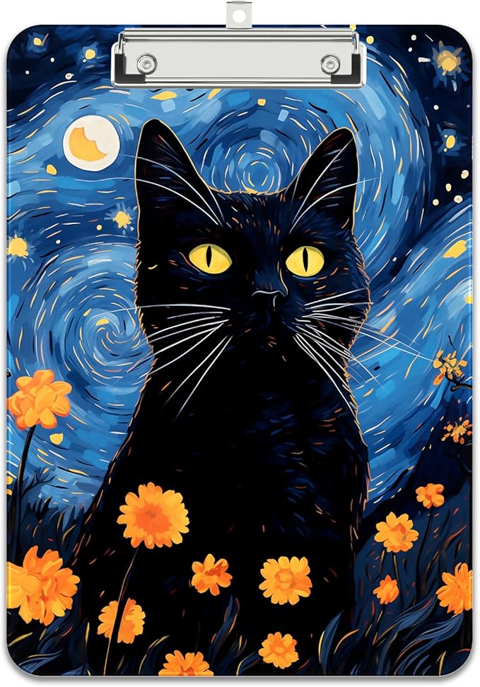 Rimilak Plastic Clipboards with Metal Clip, A4 Letter Size 9 x 12.5 in, Office Decorative for Students Women Men and Kids, Cute Custom Pattern, Starry Sky Cat