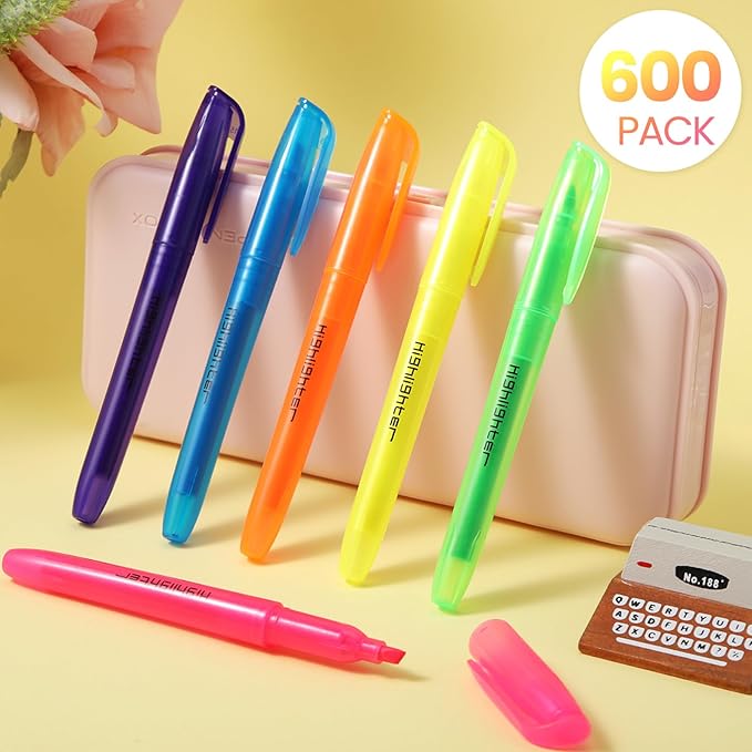 Thenshop 600 Pcs Highlighter Assorted Colors Bulk Colorful Highlighter Markers Bulk Pack Chisel Tip Fluorescent Pens for Office Supplies