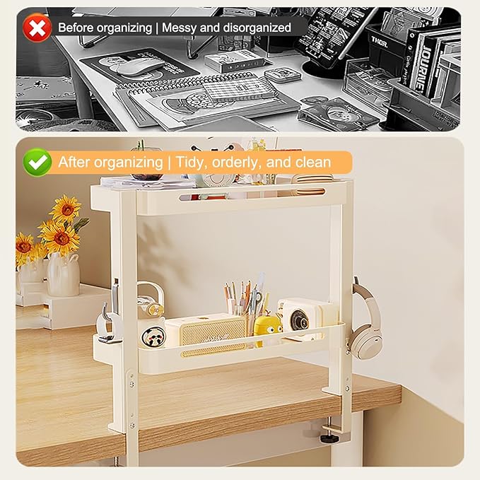 JHDXL Clamp On Desk Organizer Shelf, Rotatable Height Adjustable Over or Under Desk Storage Shelves, Vertical Storage for Small Desks, Home Office, Dorm, Makeup Vanity(Black,66cm/26in)