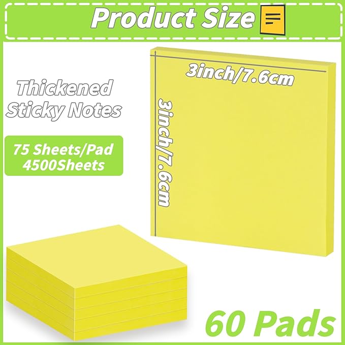 60Pack Yellow Sticky Notes 3x3, Yellow Sticky Pads, Self-Stick Pads,Self-Stick Pads 75 Sheets/Pad, Easy to Post for Teacher Student School Office Meeting Blank Desk Pads,Total 4500 Sheets