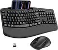 Wireless Keyboard and Mouse Combo, 2.4G Full Size Wave Keys Ergonomic Keyboard with Wrist Rest, Phone Holder, 3-Level DPI Wireless Silent Mouse with 6-Buttons, for Windows, Mac OS, Laptop, PC (Black)