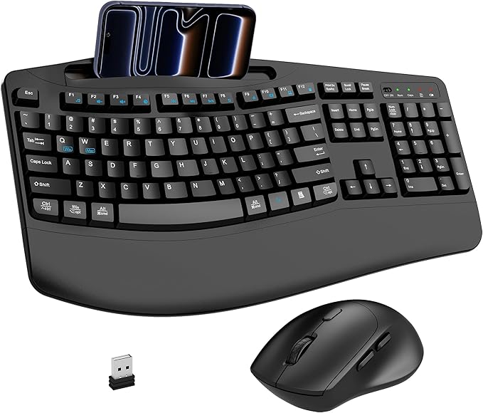 Wireless Keyboard and Mouse Combo, 2.4G Full Size Wave Keys Ergonomic Keyboard with Wrist Rest, Phone Holder, 3-Level DPI Wireless Silent Mouse with 6-Buttons, for Windows, Mac OS, Laptop, PC (Black)