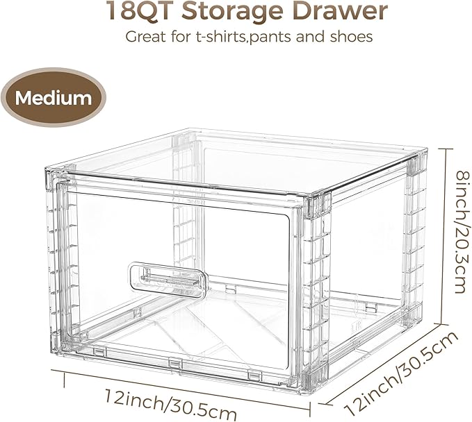 Vtopmart 4 Pack 18QT Clear Stackable Storage Drawers,Easily Assemble Closet Organizers,Plastic Storage Bins for Bathroom,Cabinet,Kitchen Pantry,Under Sink Organization(Medium)