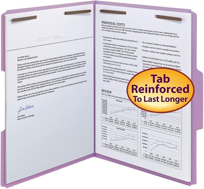 Smead Fastener File Folders, Reinforced 1/3-Cut Tabs, 2 Fasteners, Letter Size, Lavender, 50 per Box (12440)
