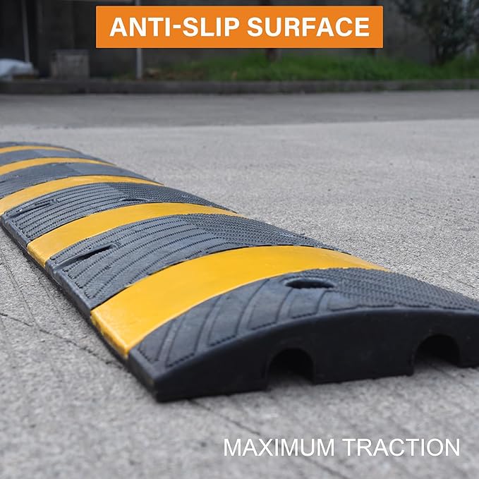 Orangestar 6Ft Rubber Speed Bump, 2 Channel Heavy Duty Speed Hump Cable Protector Ramp with 8 Bolts for Asphalt Concrete Driveway Gravel 72x11.8x1.8 inch(L x W x H) 1-Pack