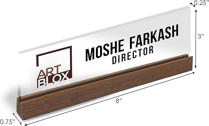 Artblox Personalized Office Desk Name Plate and Business Card Holder | Clear Acrylic Glass with Teak Wood Stand | Business Logo Customized with Your Name and Credentials Office Desk Décor